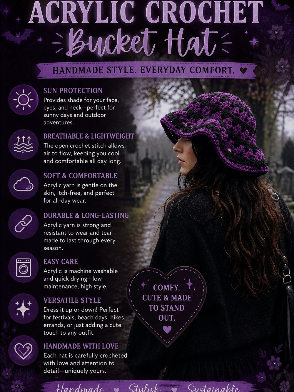 Purple & Black Crochet Bucket Hat | Acrylic Gothic Halloween Festival One Size - Picture 2 of 4